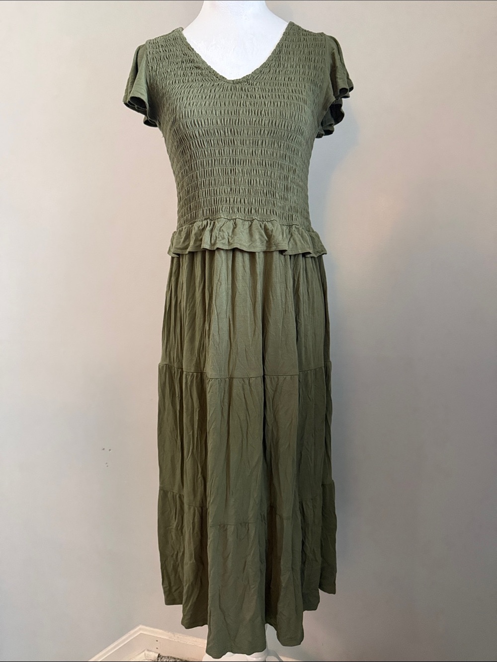 Maurices Olive Green Smocked V-Neck Maxi Dress Sz Medium